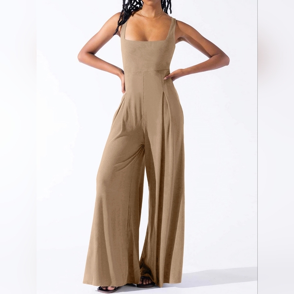 Lovely Rosetta Pants - Sophisticated Tan Square Neck Wide Leg Jumpsuit